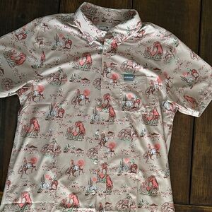 BURLEBO Men's Casual Button Down Shirt - Cream with Red and Green Print